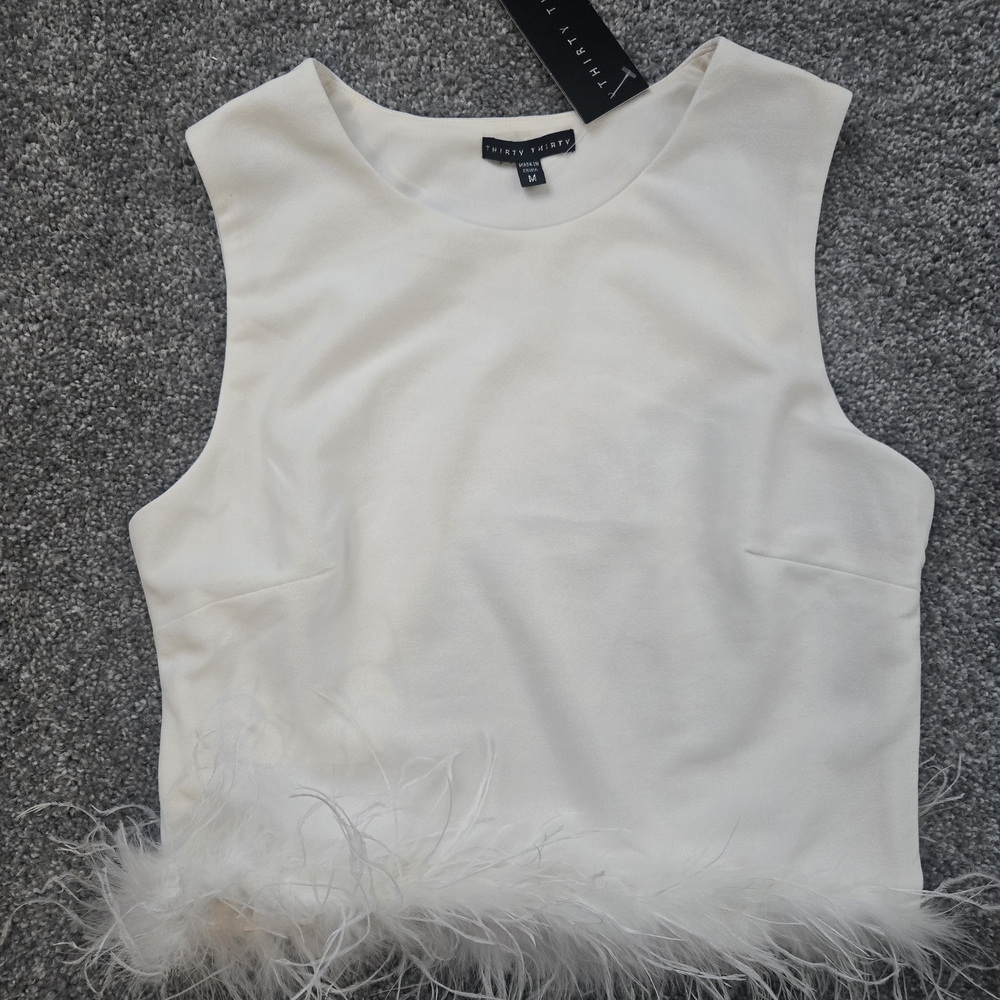 White Feather Trim Sleeveless Top